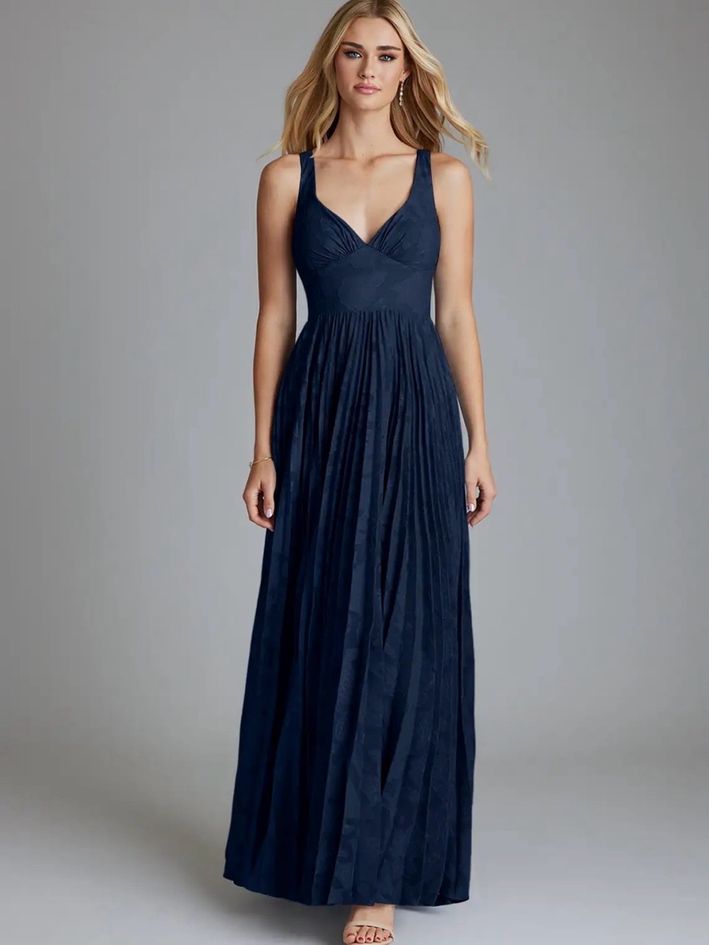 Dark Navy A-Line Pleated Floral Burnout Dress (Azazie Mirella) - Picture 2 of 5